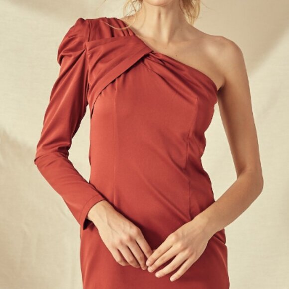 Rust One-Shoulder Satin Dress - Picture 4 of 6